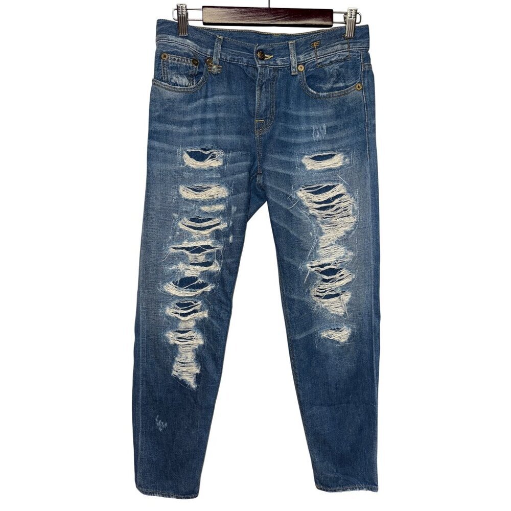 R13 Relaxed Skinny Jeans Blue Distressed Tapered Leg Women's Size 25 Italy Selv